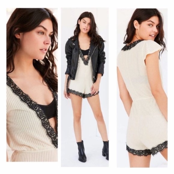 UO Out From Under Lace Trim Deep Vneck Romper - Picture 7 of 8